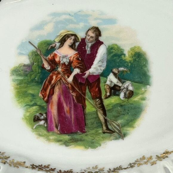 German Porcelain Trinket Dish Victorian Couple Farming Lattice Reticulated Bowl - Picture 7 of 9